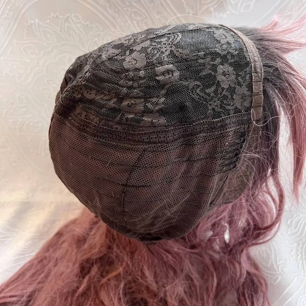 Long Wavy Rose Pink Dark Roots Ombre Balayage Everyday Cosplay Wig Trimmed bangs